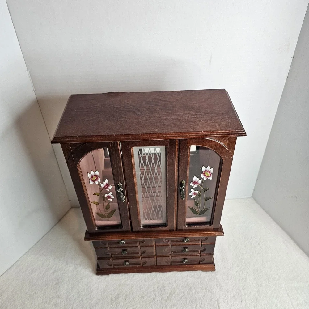 Vintage Wood 2 Door Jewelry Box Armoire Style Cabinet w Mirror Organizer Drawers